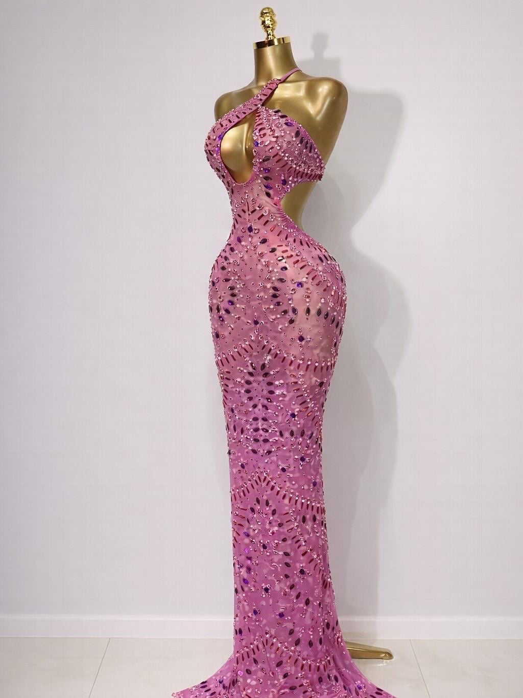 Vestido de Malla con cristales  Brillantes y Perlas para Mujer, Sexy, con escote , para Celebración de Cumpleaños, , Disfraz de Cantante para Escenario.