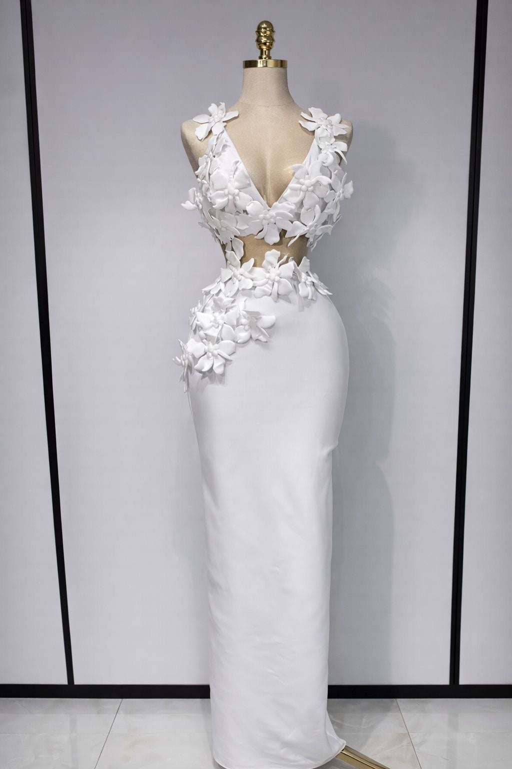 Conjunto de Dos Piezas tela Bandaje  con Flores Blancas  3D y Escote en V para Mujer, Vestido de Fiesta, Graduación, Club Nocturno, Cumpleaños