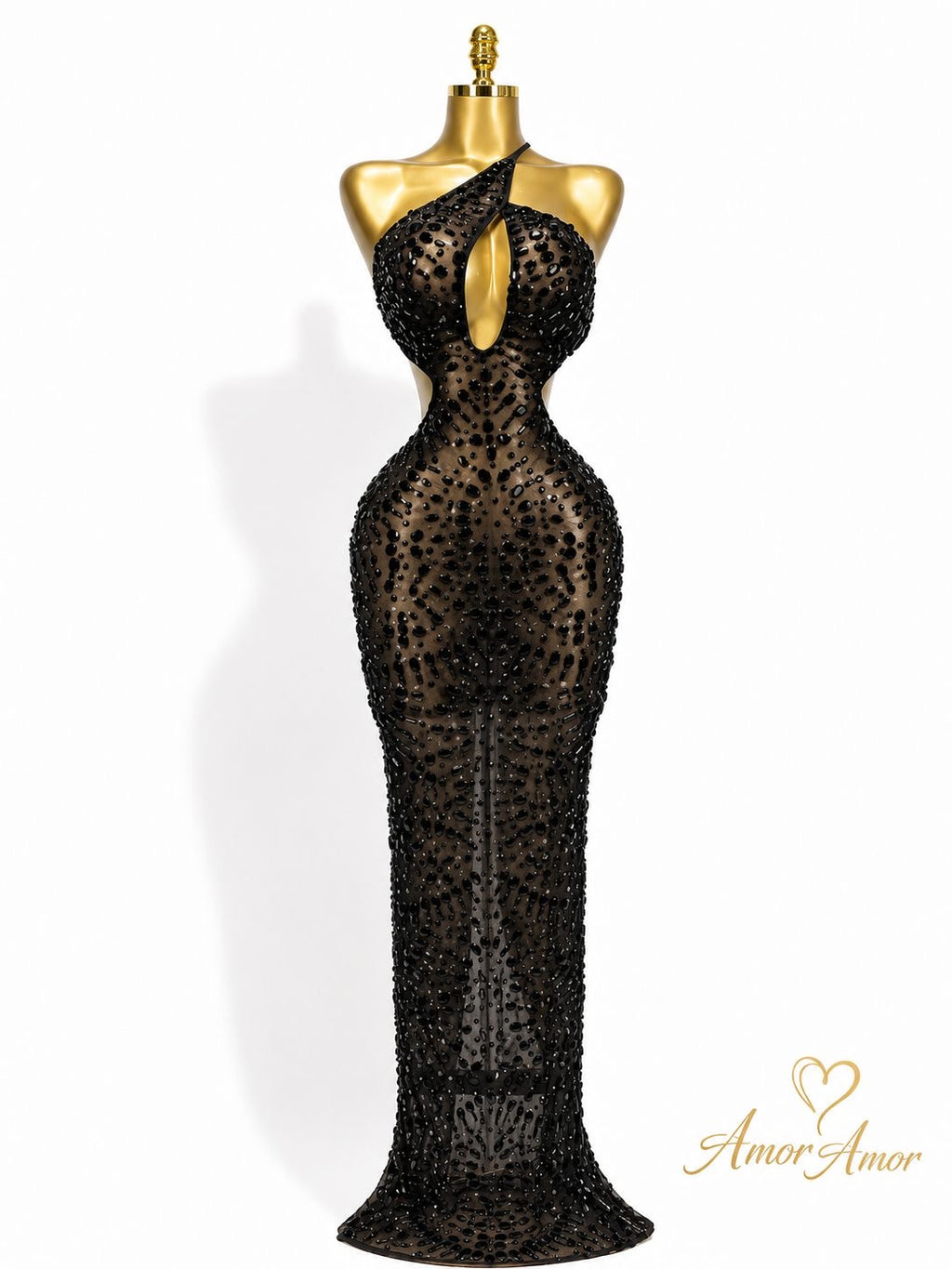 ✨ Impactante vestido negro con aplicaciones de pedrería y diseño que estiliza la figura. Perfecto para brillar en cualquier evento. 🖤 (fondo opcional )