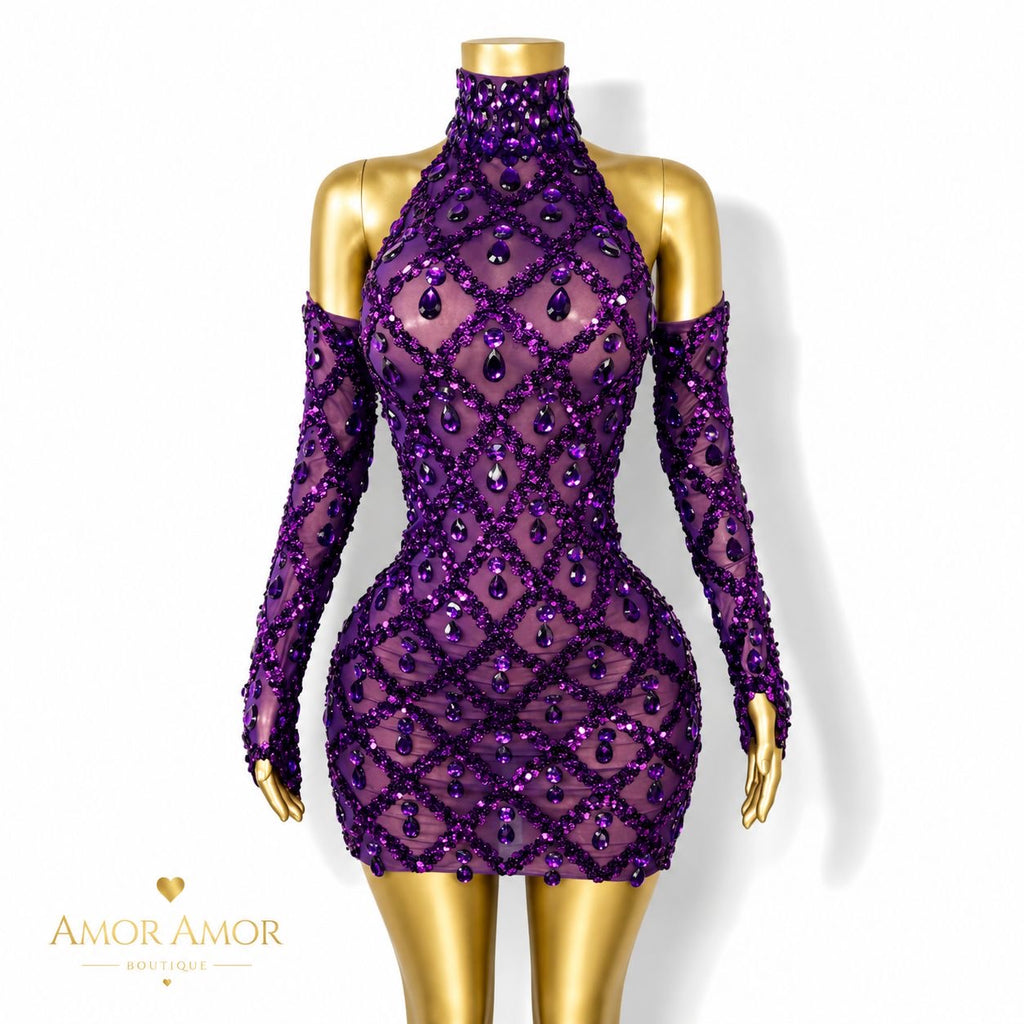 VESTIDO DE GALA CON GUANTES Y CRISTALES. TELA ELÁSTICA