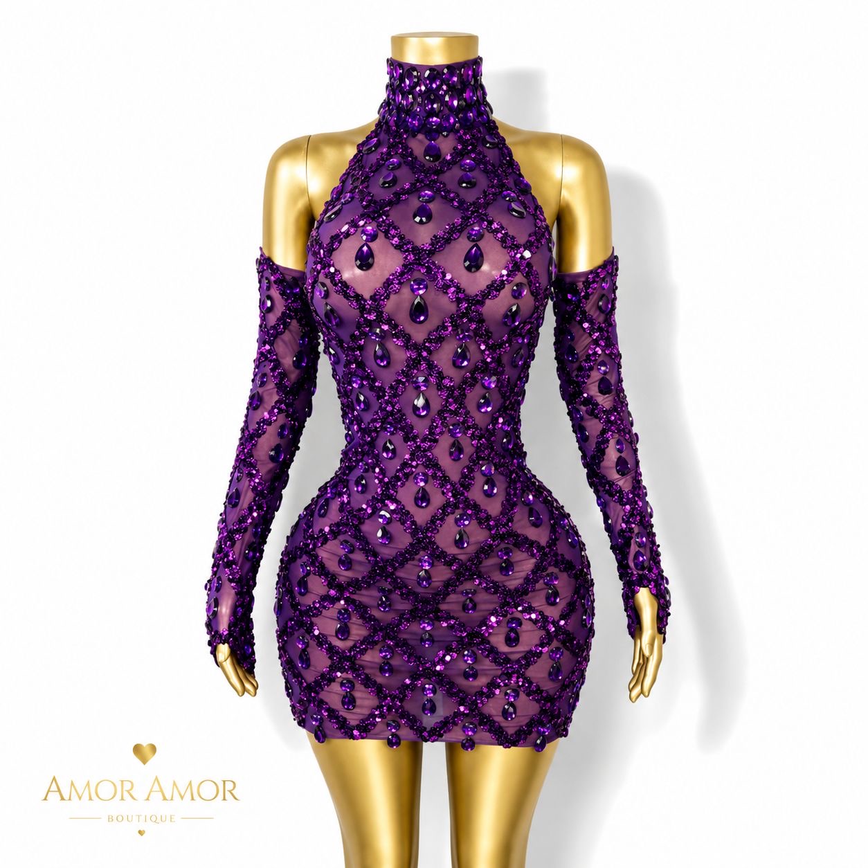 VESTIDO DE GALA CON GUANTES Y CRISTALES. TELA ELÁSTICA