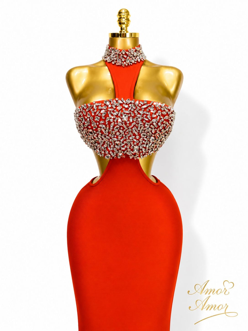 Vestido de fiesta rojo y negro, tela Bandaje, decorado con cristales. 
Tela elástica ajustable