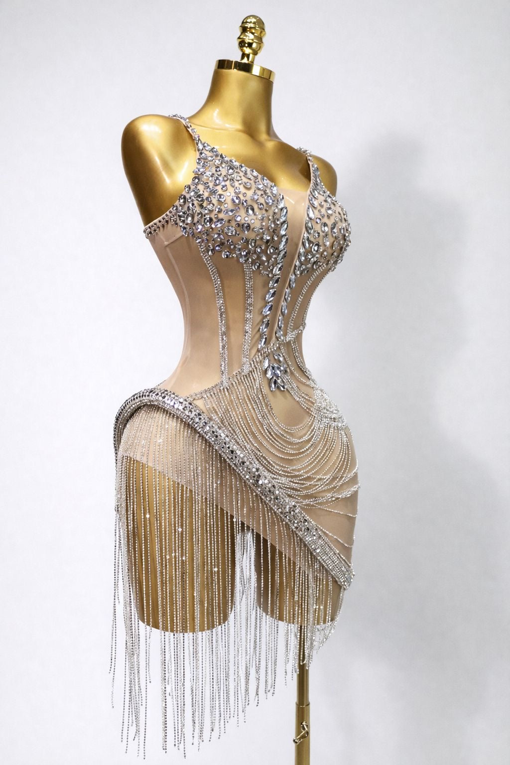 Vestido corto transparente de malla con flecos y diamantes de imitación brillantes para mujer, vestido de noche para Club de cumpleaños, traje Sexy para escenario