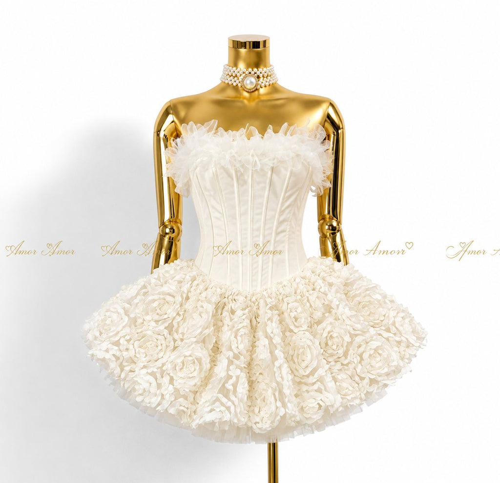 Mini vestido de flores 3D,corset ajustables