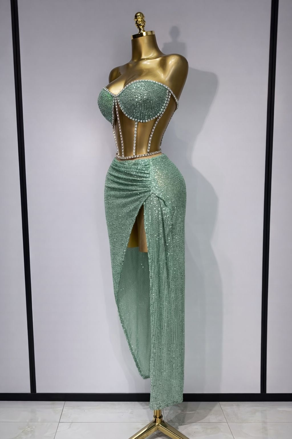 Conjuntos de falda Sexy para discoteca para mujer, conjuntos de dos piezas con lentejuelas y diamantes sin tirantes, traje  de fiesta de noche y cumpleaños