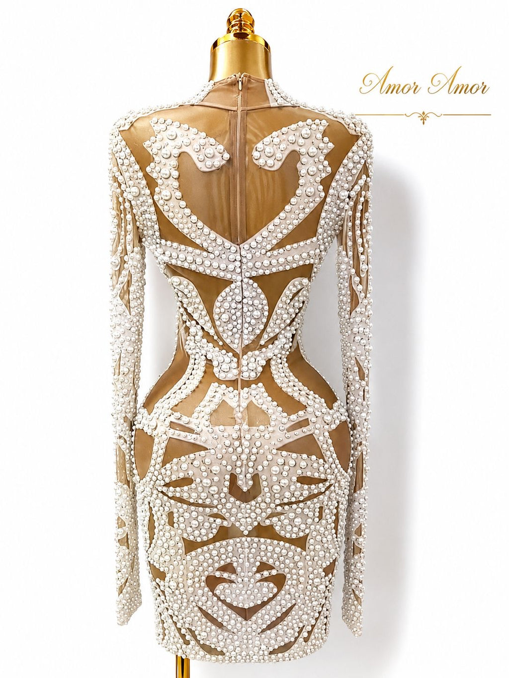 VESTIDO ALTA GAMA, ELEGANTE CON DISEÑO DE PERLAS, M/L , 
TELA ELÁSTICA