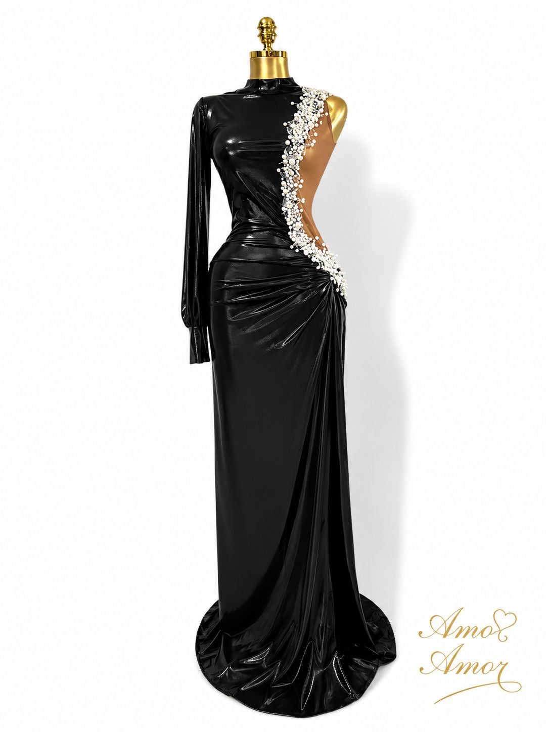 Vestido negro tela sintética, 1 manga y hombro descubierto