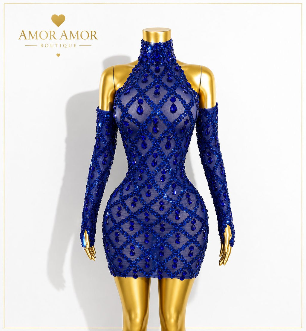 VESTIDO DE GALA CON GUANTES Y CRISTALES. TELA ELÁSTICA