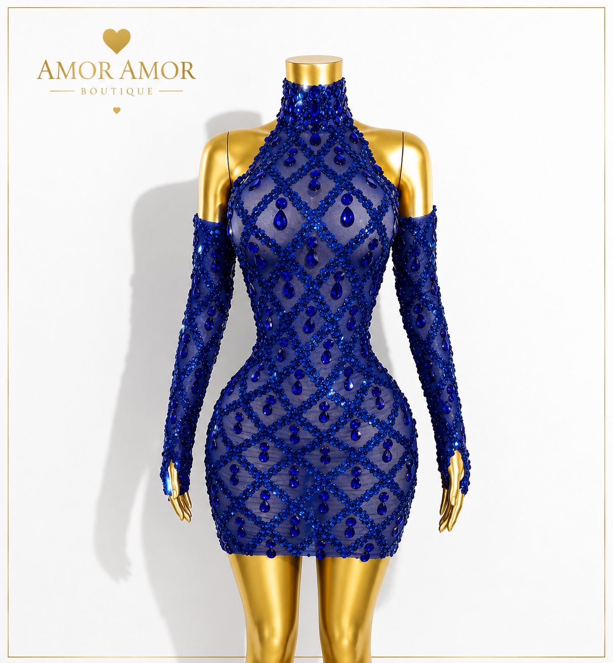 VESTIDO DE GALA CON GUANTES Y CRISTALES. TELA ELÁSTICA