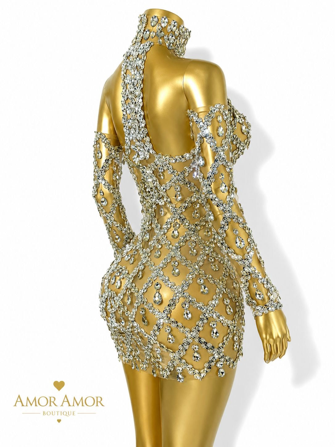 VESTIDO DE GALA CON GUANTES Y CRISTALES. TELA ELÁSTICA