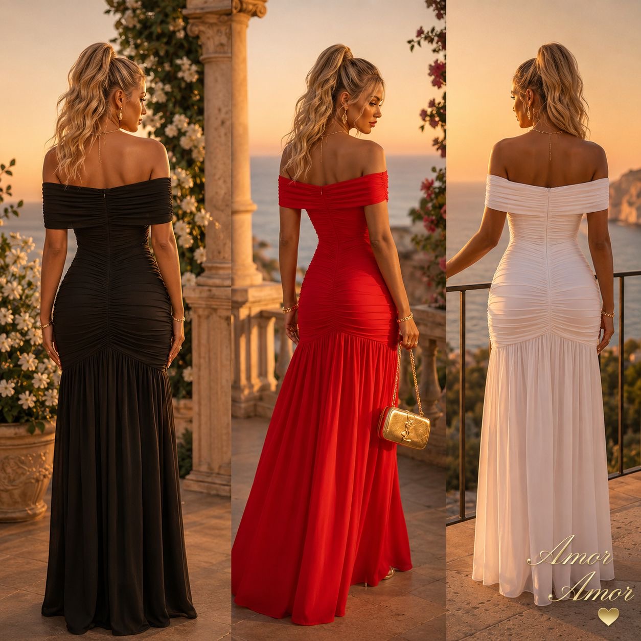 Vestido largo disponible en color negro, rojo y blanco. Diseño con hombros descubiertos, detalle metálico al frente, fruncido que estiliza la silueta y abertura en pierna. Elegante y sofisticado.