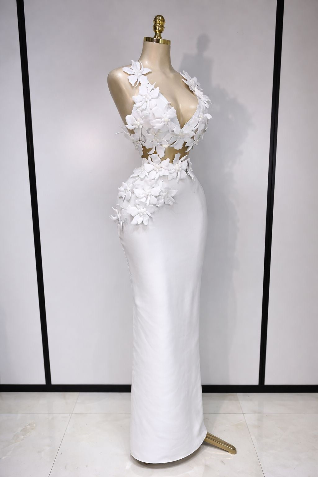 Conjunto de Dos Piezas tela Bandaje  con Flores Blancas  3D y Escote en V para Mujer, Vestido de Fiesta, Graduación, Club Nocturno, Cumpleaños