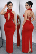 Vestido Largo de Fiesta de Lujo para Mujer, Sexy, con Cuello Halter, Espalda Descubierta, Diseño Floral, Estilo Bandage, Elegante, para Celebridades, Cumpleaños o Noche
