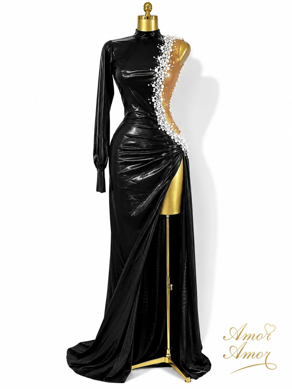 Vestido negro tela sintética, 1 manga y hombro descubierto