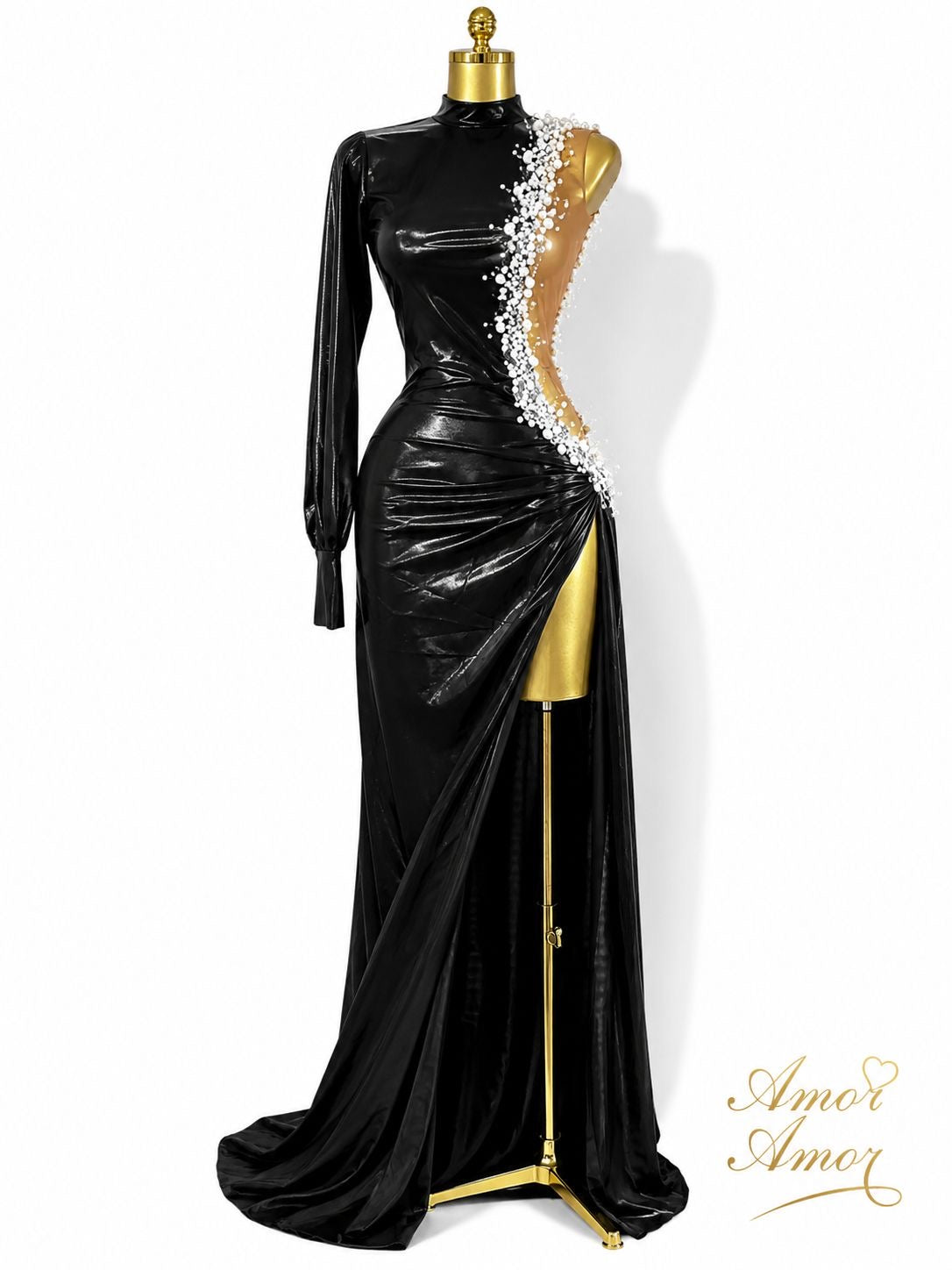 Vestido negro tela sintética, 1 manga y hombro descubierto