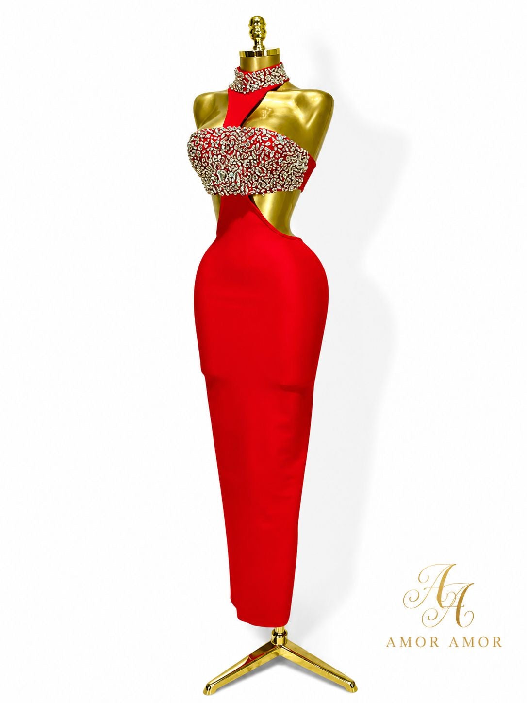 Vestido de fiesta rojo y negro, tela Bandaje, decorado con cristales. 
Tela elástica ajustable