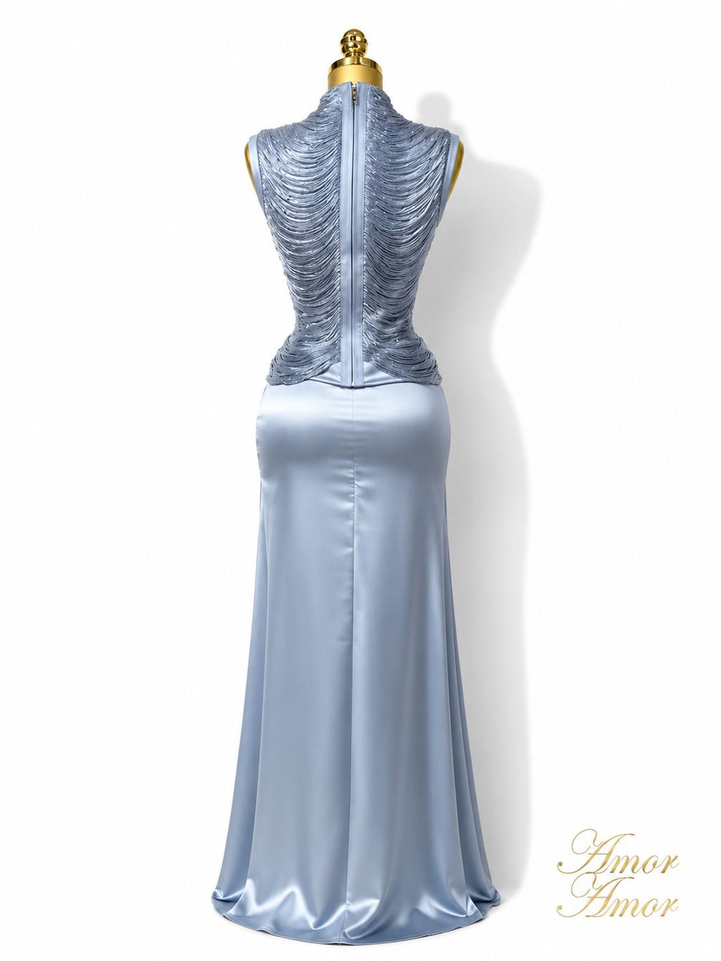 CONJUNTO FALDA LARGA, CINTURA ALTA, TOP BANDAGE DECORADO. ZIPER EN AMBAS PIEZAS