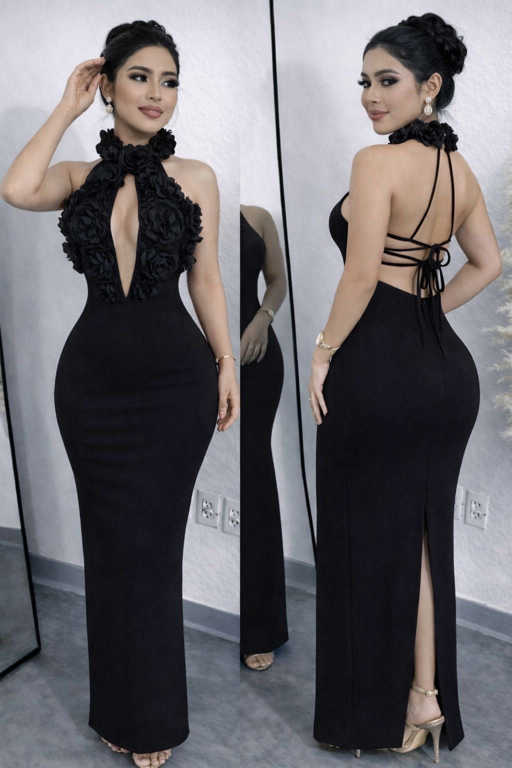 Vestido Largo de Fiesta de Lujo para Mujer, Sexy, con Cuello Halter, Espalda Descubierta, Diseño Floral, Estilo Bandage, Elegante, para Celebridades, Cumpleaños o Noche
