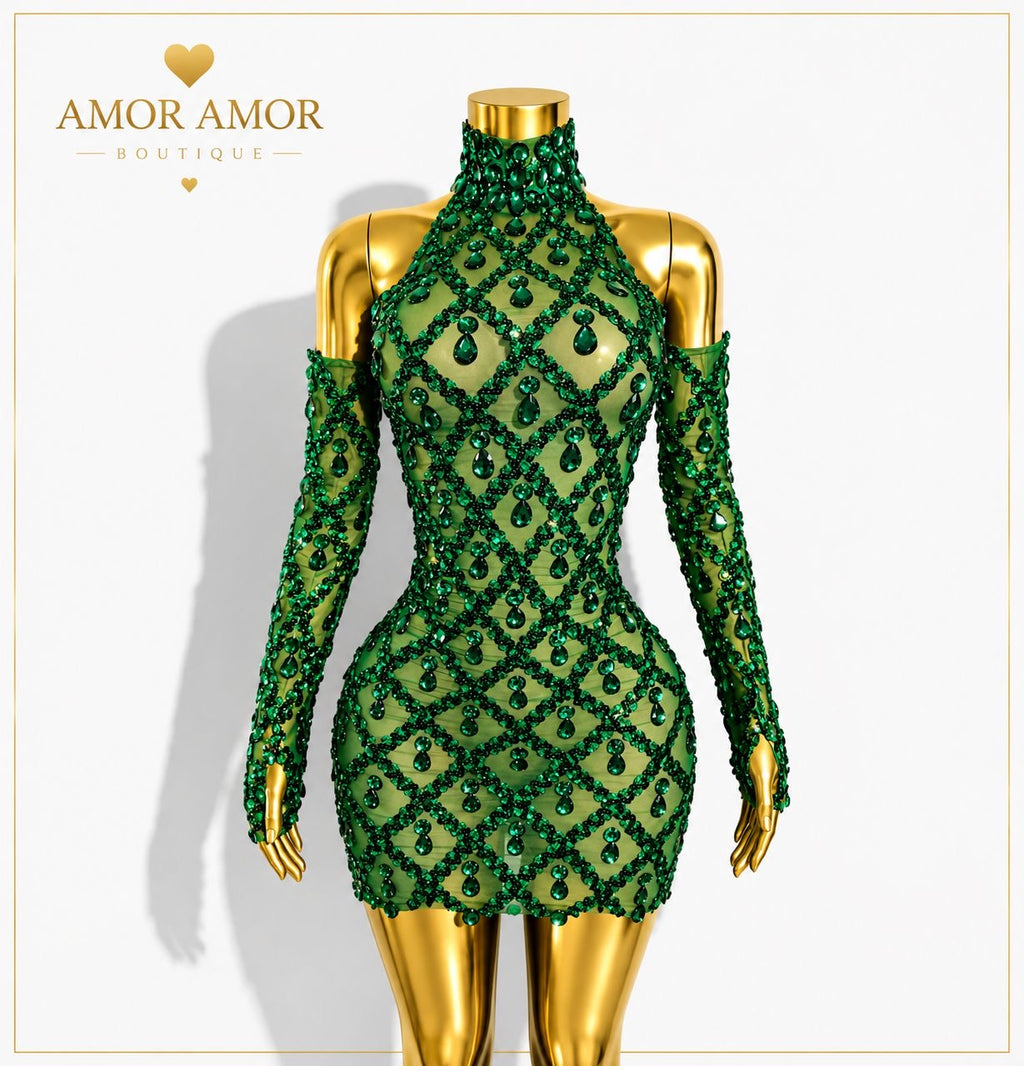 VESTIDO DE GALA CON GUANTES Y CRISTALES. TELA ELÁSTICA