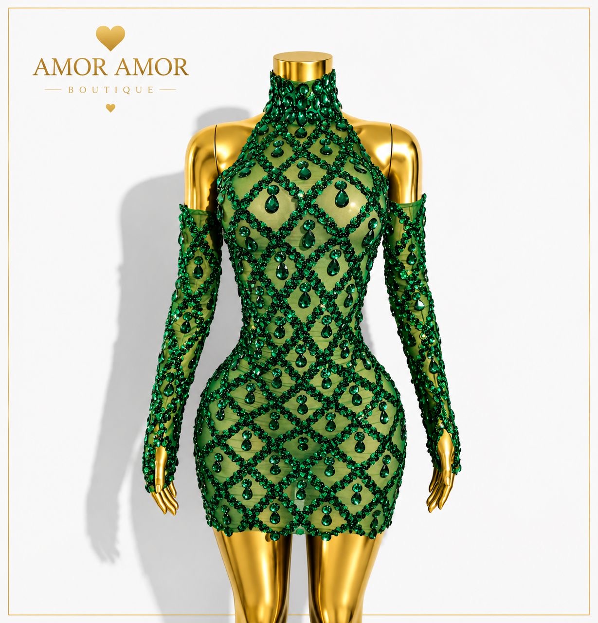 VESTIDO DE GALA CON GUANTES Y CRISTALES. TELA ELÁSTICA