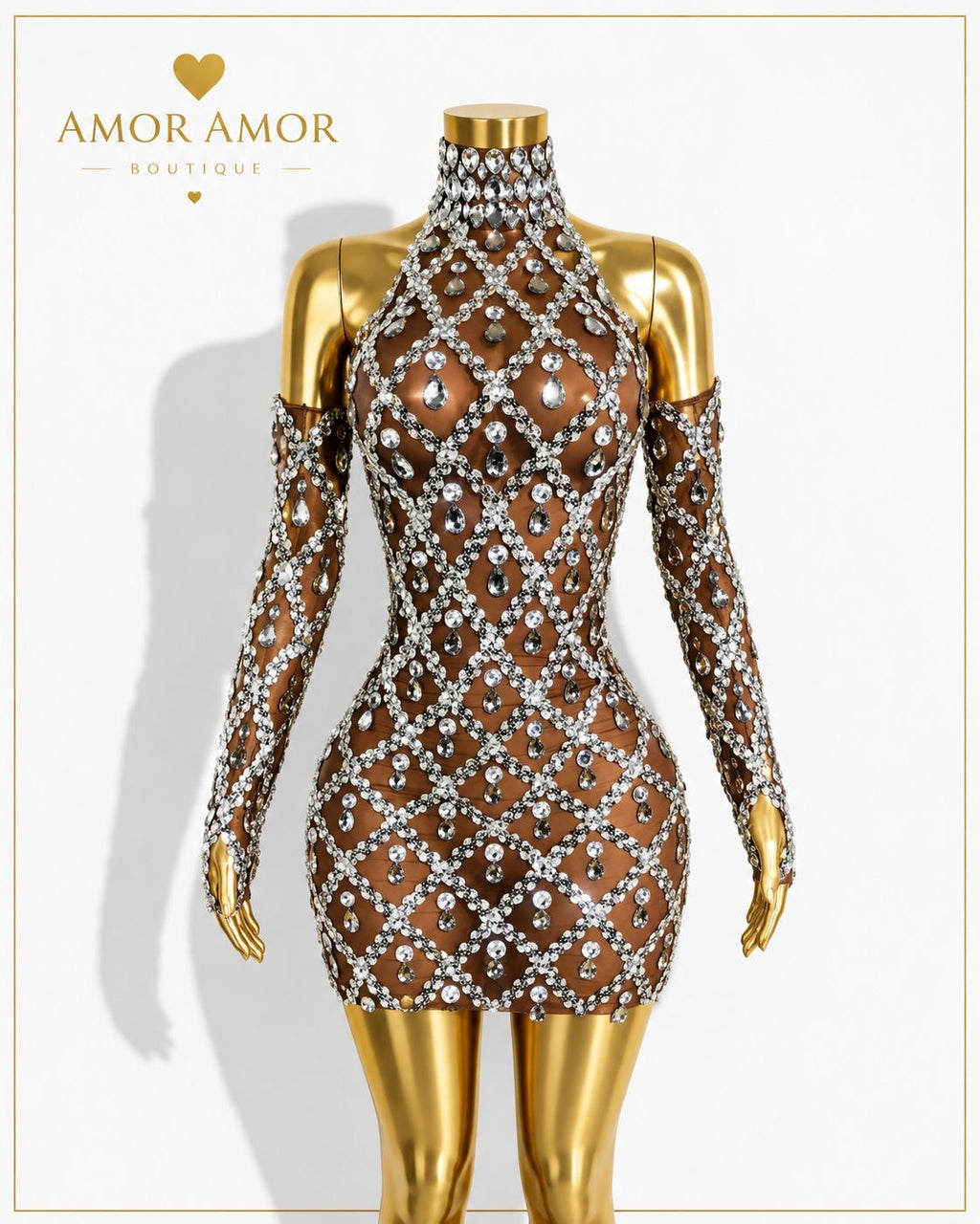 VESTIDO DE GALA CON GUANTES Y CRISTALES. TELA ELÁSTICA
