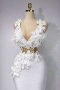 Conjunto de Dos Piezas tela Bandaje  con Flores Blancas  3D y Escote en V para Mujer, Vestido de Fiesta, Graduación, Club Nocturno, Cumpleaños