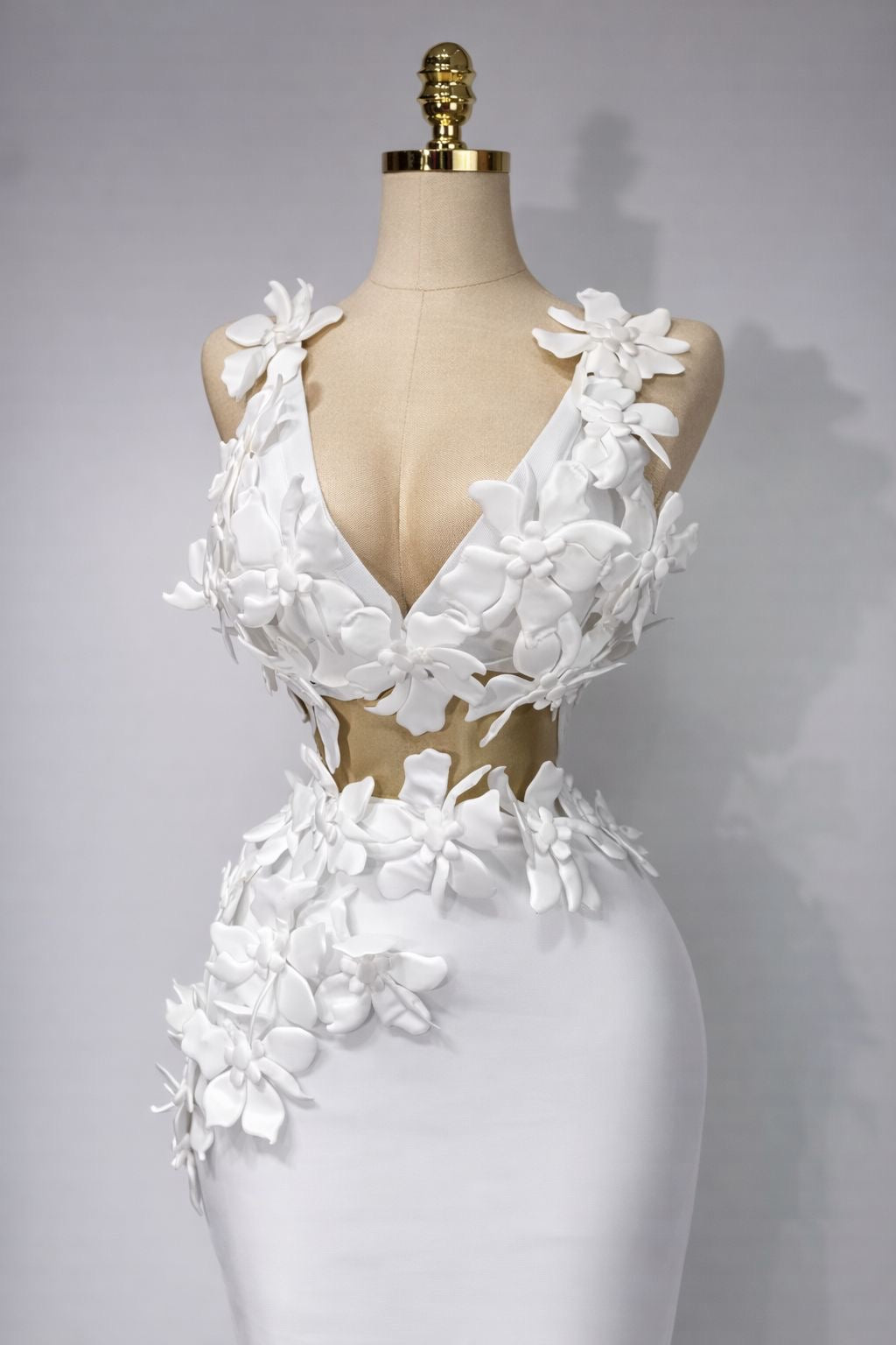 Conjunto de Dos Piezas tela Bandaje  con Flores Blancas  3D y Escote en V para Mujer, Vestido de Fiesta, Graduación, Club Nocturno, Cumpleaños