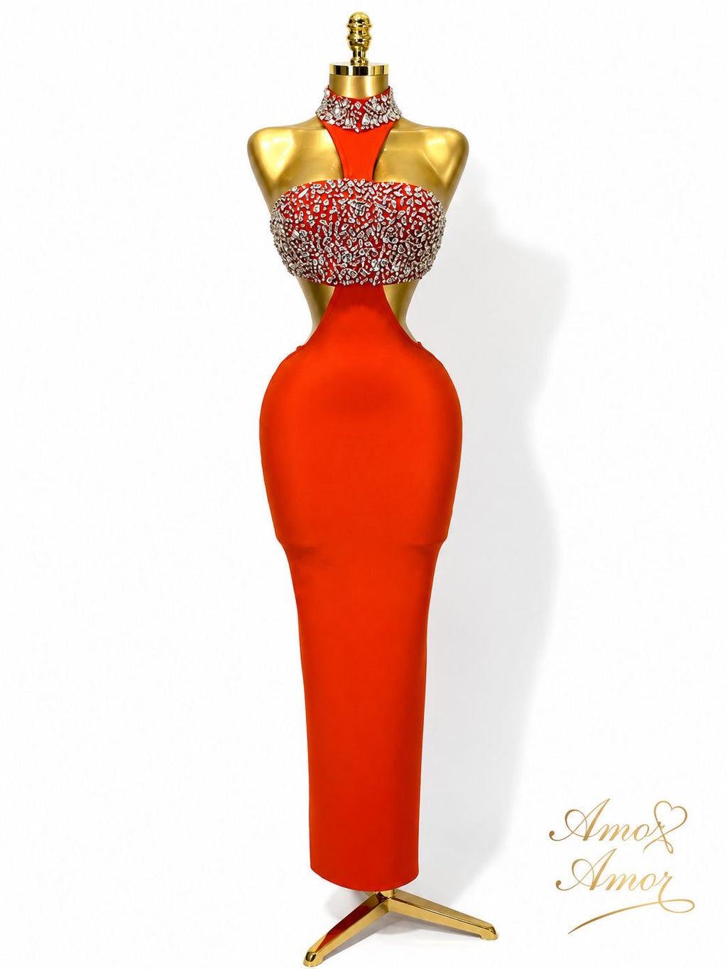 Vestido de fiesta rojo y negro, tela Bandaje, decorado con cristales. 
Tela elástica ajustable