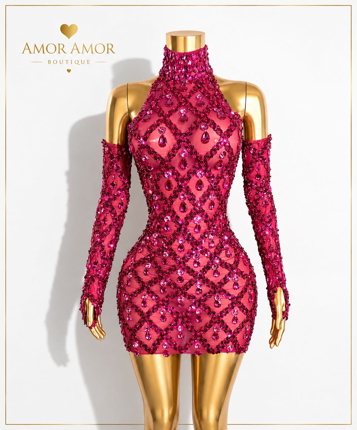 VESTIDO DE GALA CON GUANTES Y CRISTALES. TELA ELÁSTICA