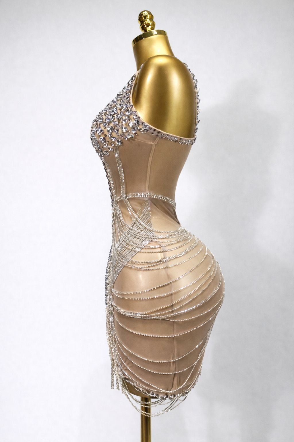 Vestido corto transparente de malla con flecos y diamantes de imitación brillantes para mujer, vestido de noche para Club de cumpleaños, traje Sexy para escenario