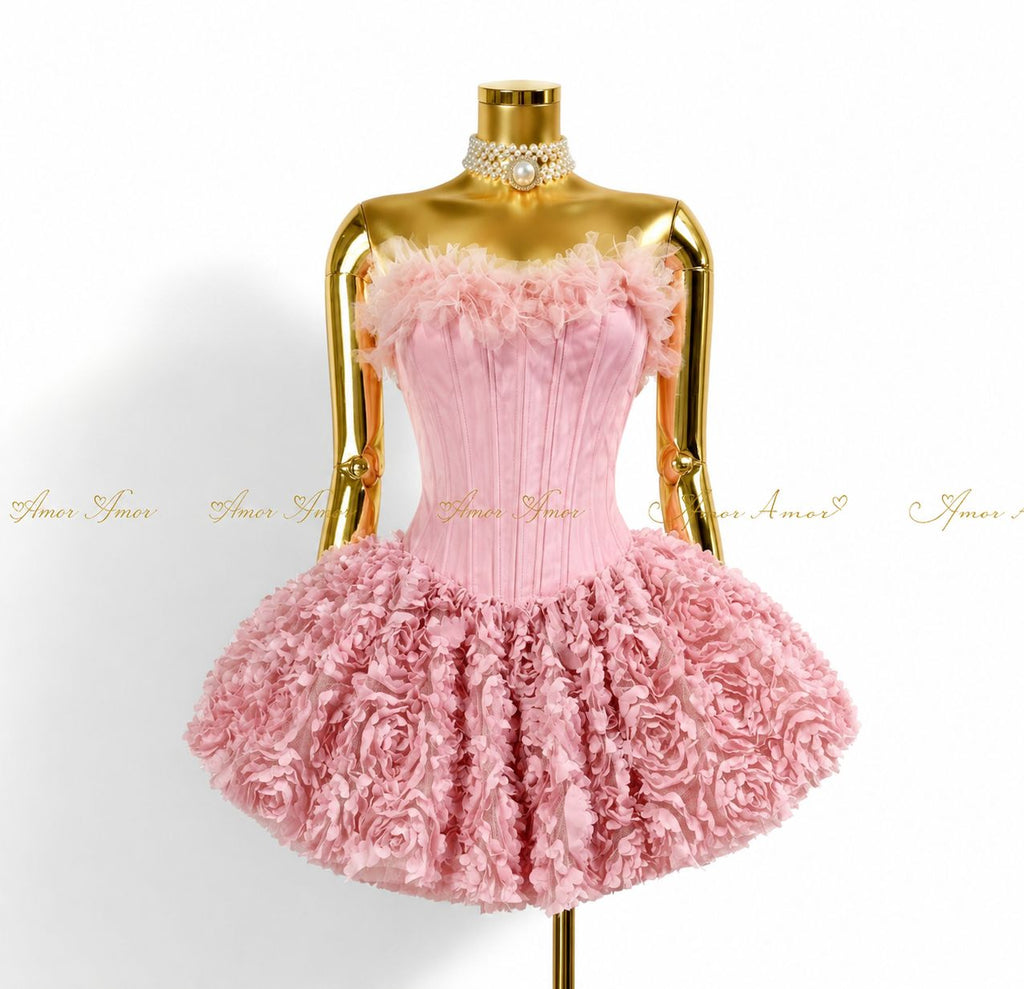 Mini vestido de flores 3D,corset ajustables