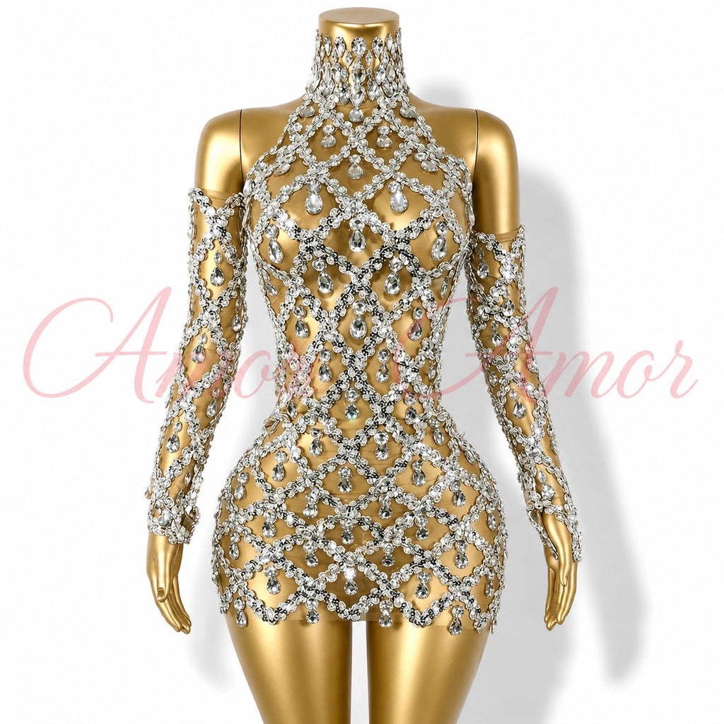 VESTIDO DE GALA CON GUANTES Y CRISTALES. TELA ELÁSTICA