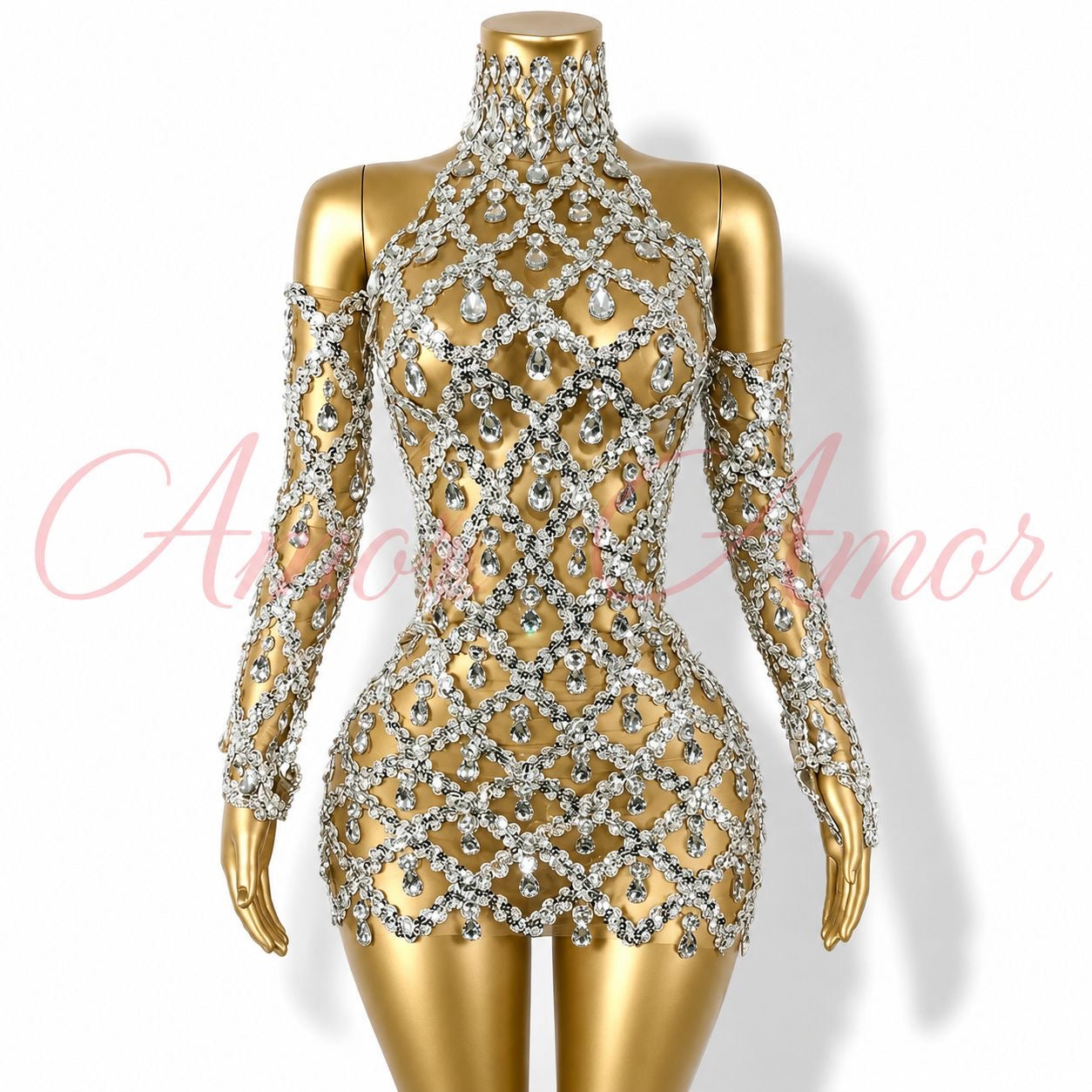 VESTIDO DE GALA CON GUANTES Y CRISTALES. TELA ELÁSTICA