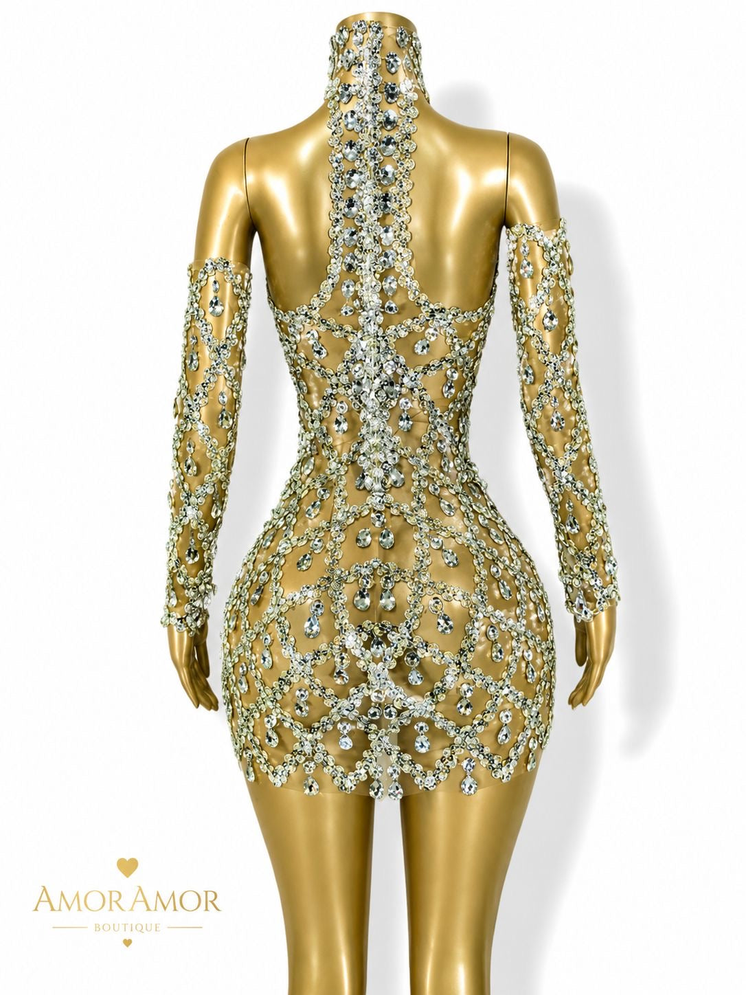 VESTIDO DE GALA CON GUANTES Y CRISTALES. TELA ELÁSTICA