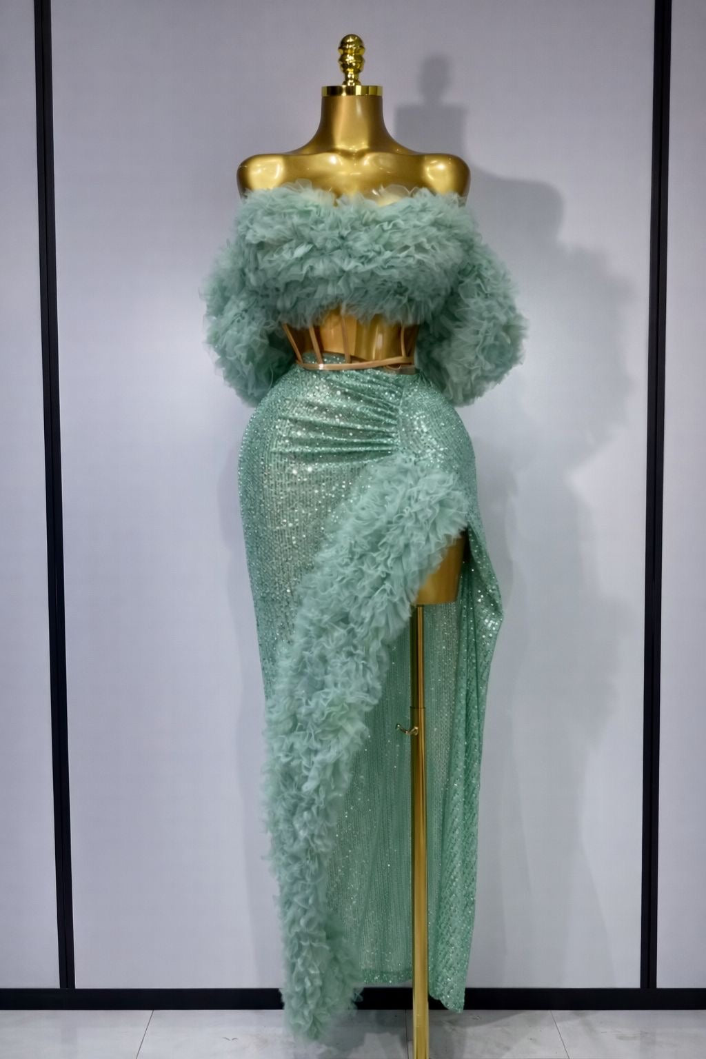 Conjunto de dos piezas de falda larga elegante con lentejuelas brillantes para mujer, traje de escenario para fiesta de noche, cumpleaños, cantante y bailarina